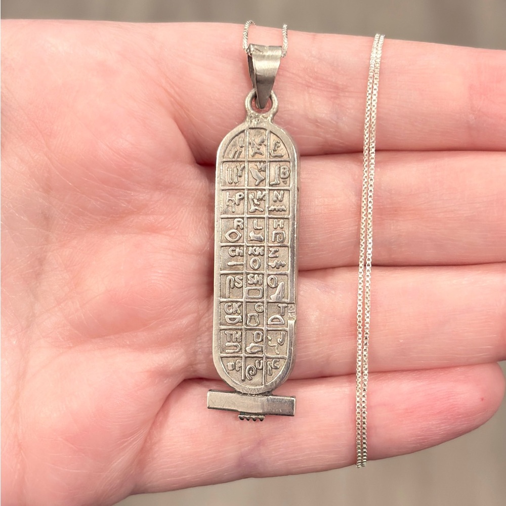 Vintage Sterling 14K Egyptian Cartouche Necklace Double Sided Hieroglyphics - Picture 10 of 16